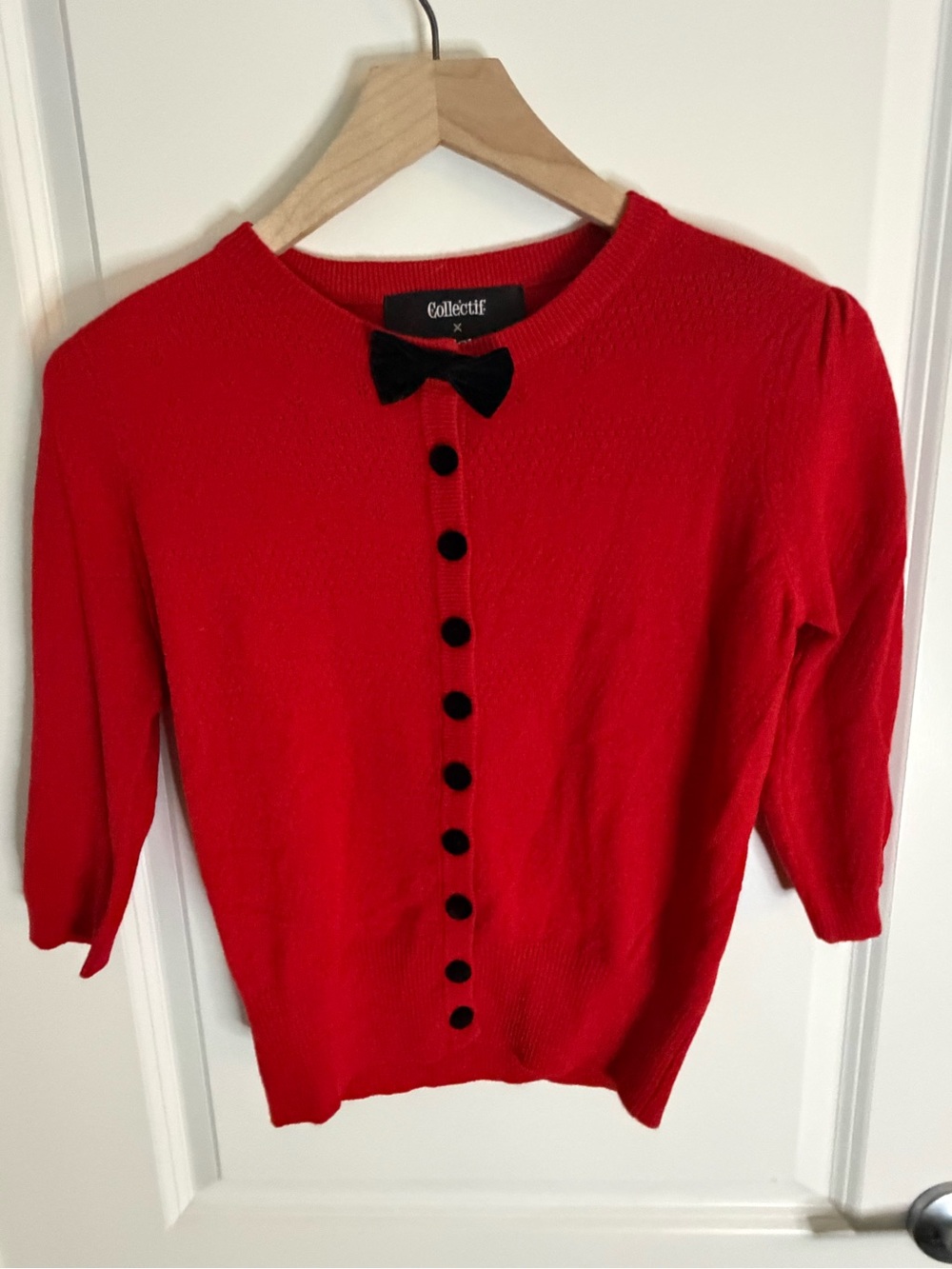 Collectif Red Cardigan with Black Velvet Bow and Buttons